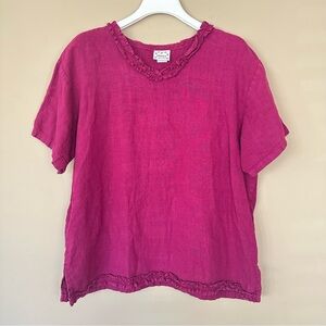 Vintage Women L 100% Linen Top Linen Boxy Purple Ruffle Donna USA Short Sleeve